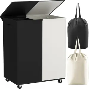 Chrislley Double Laundry Hamper with Wheels 160L Large Laundry Basket with Lid,Rolling Dirty Clothes Hamper 2 section with Removable Liner Bags, Collapsible Organizer for Bedroom,Dorm,Black and Beige