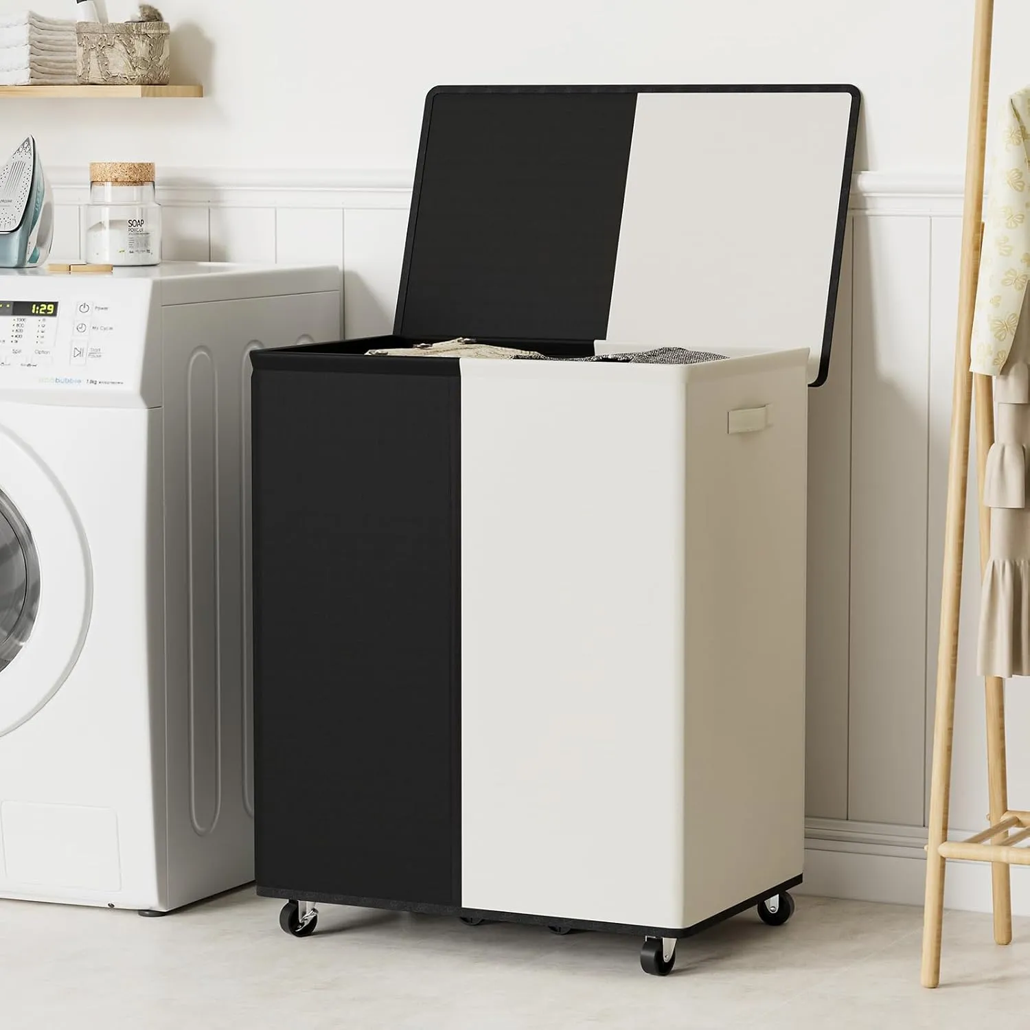 Chrislley Double Laundry Hamper with Wheels 160L Large Laundry Basket with Lid,Rolling Dirty Clothes Hamper 2 section with Removable Liner Bags, Collapsible Organizer for Bedroom,Dorm,Black and Beige