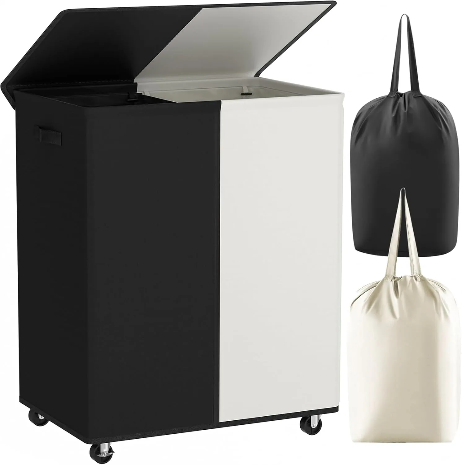 Chrislley Double Laundry Hamper with Wheels 160L Large Laundry Basket with Lid,Rolling Dirty Clothes Hamper 2 section with Removable Liner Bags, Collapsible Organizer for Bedroom,Dorm,Black and Beige