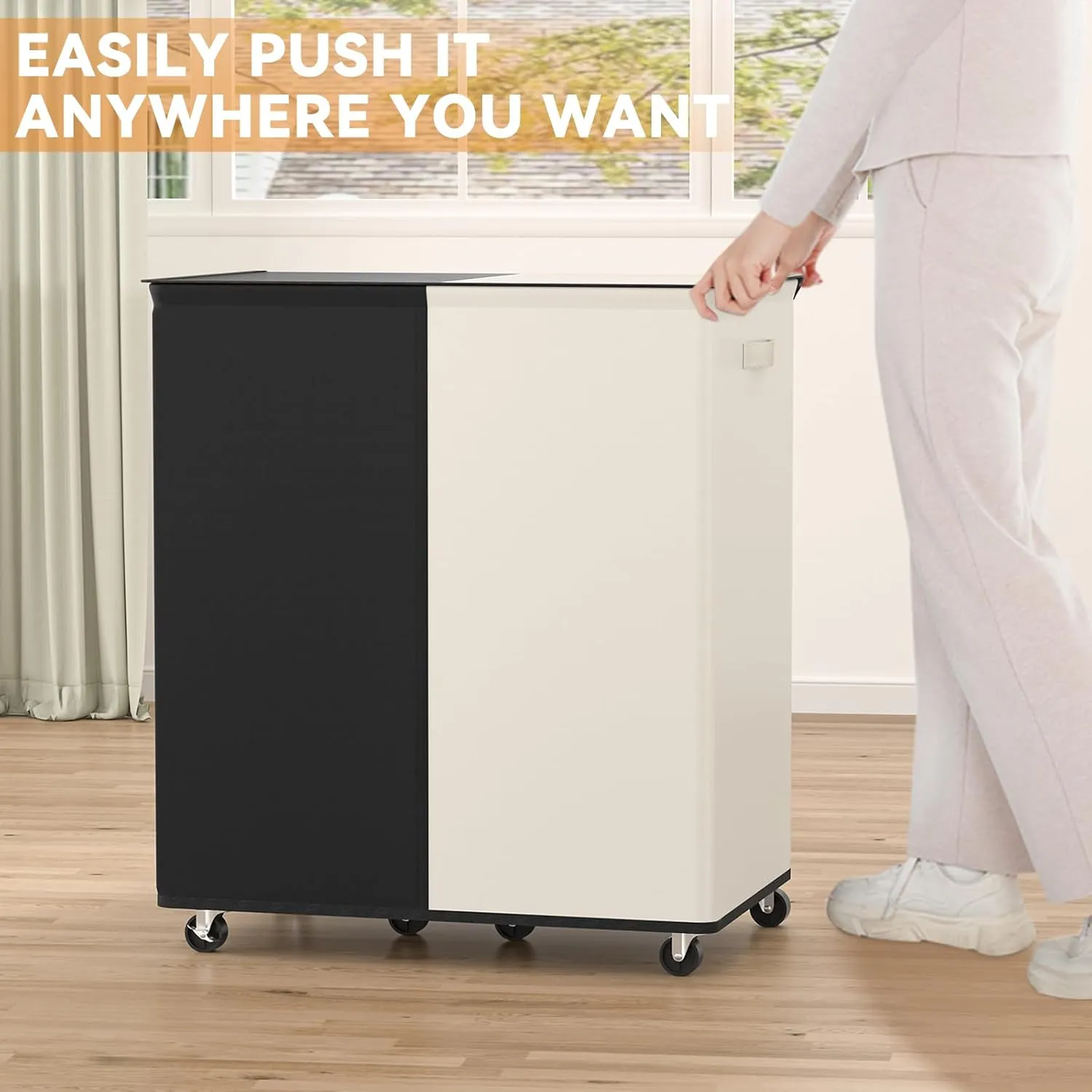 Chrislley Double Laundry Hamper with Wheels 160L Large Laundry Basket with Lid,Rolling Dirty Clothes Hamper 2 section with Removable Liner Bags, Collapsible Organizer for Bedroom,Dorm,Black and Beige