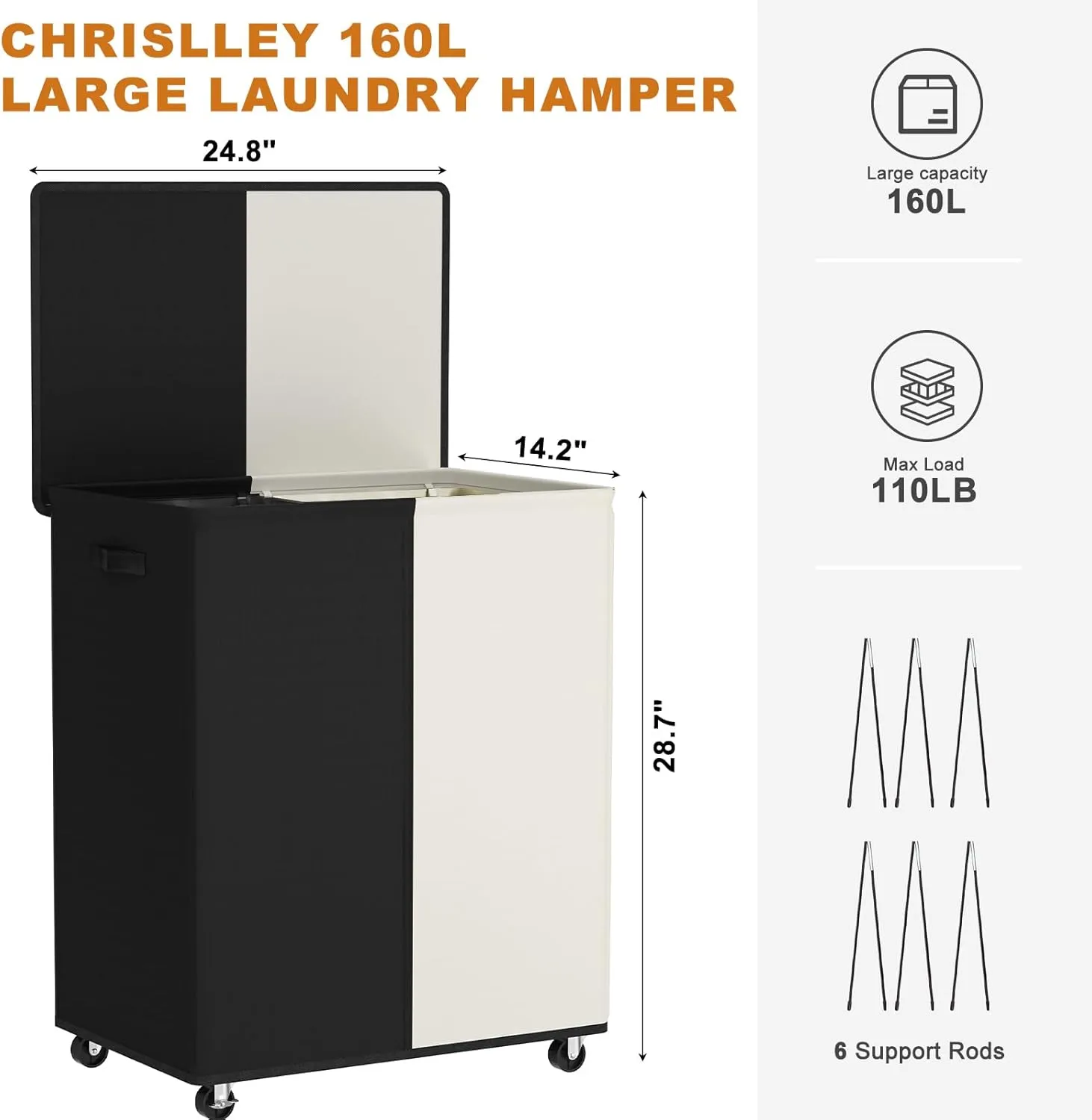 Chrislley Double Laundry Hamper with Wheels 160L Large Laundry Basket with Lid,Rolling Dirty Clothes Hamper 2 section with Removable Liner Bags, Collapsible Organizer for Bedroom,Dorm,Black and Beige