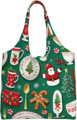 Christmas Tableware Print Canvas Tote Bag for Women, Large Capacity Casual Shoulder Handbags for Work Travel Shopping