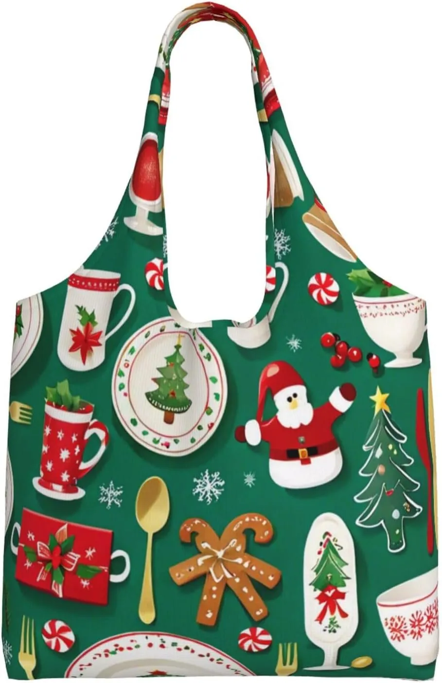Christmas Tableware Print Canvas Tote Bag for Women, Large Capacity Casual Shoulder Handbags for Work Travel Shopping