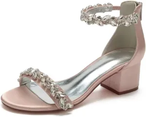 Chunky Heel Wedding Sandals Open Toe Low Block Heels Rhinestones Women Heeled Sandal