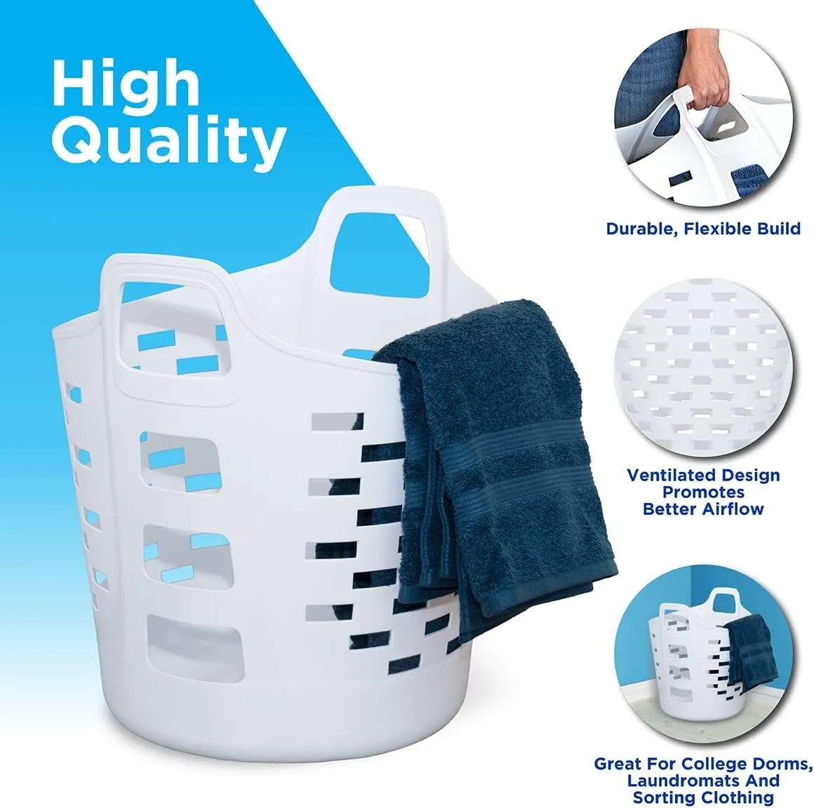 Clorox Flexible Laundry Basket - Plastic Hamper for Clothes, Bedroom, and Storage - Portable Round Bin with Carry Handles, 1 Bushel, White