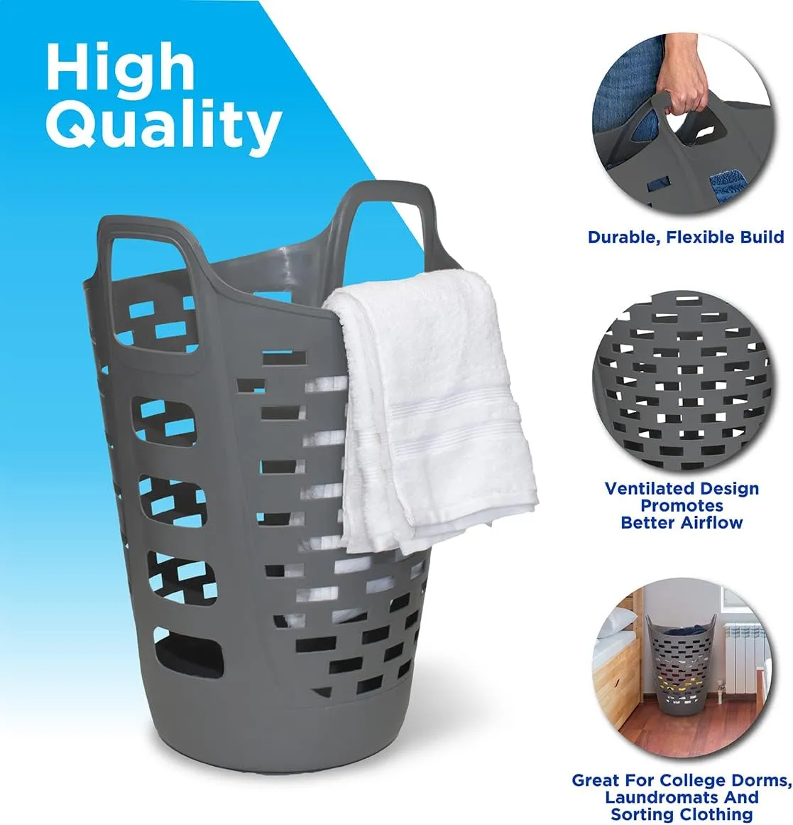 Clorox Flexible Laundry Basket - Tall Plastic Hamper for Clothes, Bedroom, and Storage - Portable Round Bin with Carry Handles, 2 Bushel, Grey