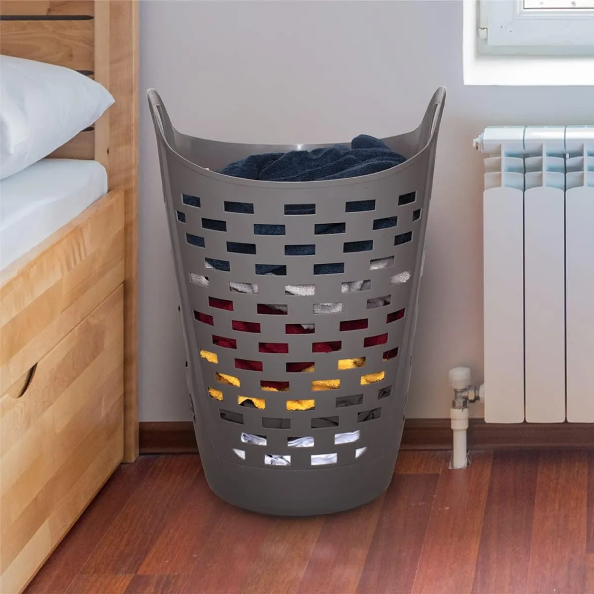 Clorox Flexible Laundry Basket - Tall Plastic Hamper for Clothes, Bedroom, and Storage - Portable Round Bin with Carry Handles, 2 Bushel, Grey