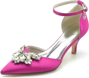 Closed Toe Satin Low Kitten Heels White Wedding Shoes for Bride Ankle Strap Rhinestones Beaded Bridal Shoes Evening Prom Party Dress Pumps for Women