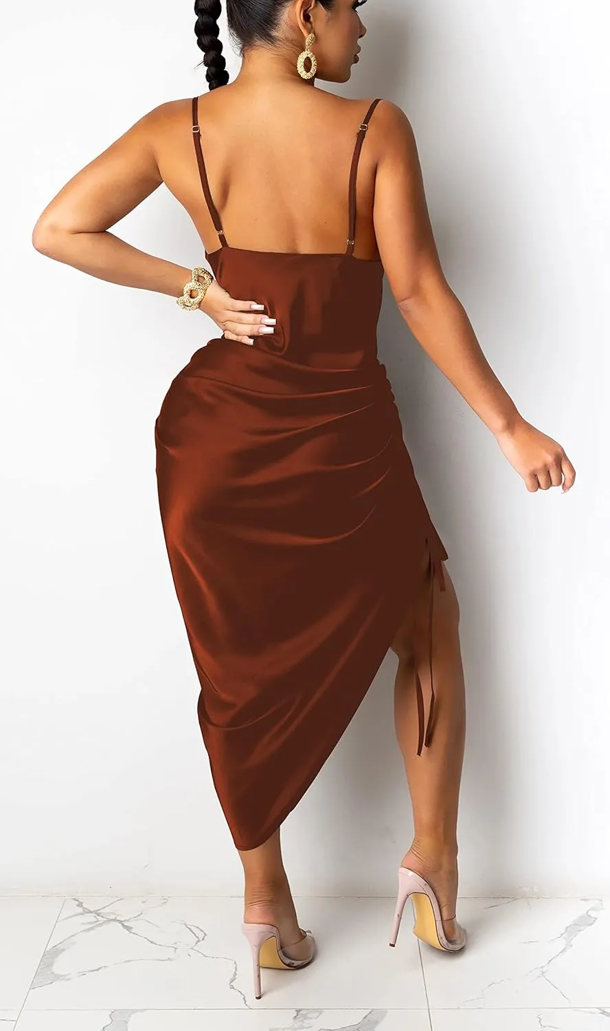 Club Dress Sexy Dress for Women Wedding Party Birthday Cocktail Spaghetti Strap Satin Side Ruched Midi Mini Dress