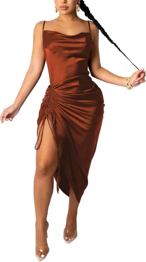 Club Dress Sexy Dress for Women Wedding Party Birthday Cocktail Spaghetti Strap Satin Side Ruched Midi Mini Dress