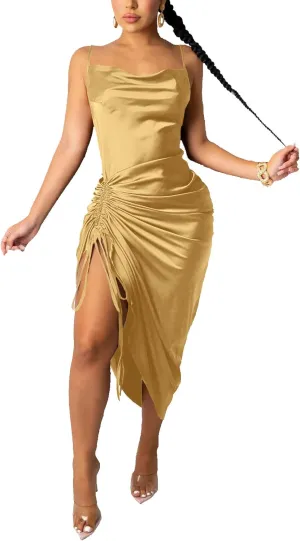 Club Dress Sexy Dress for Women Wedding Party Birthday Cocktail Spaghetti Strap Satin Side Ruched Midi Mini Dress
