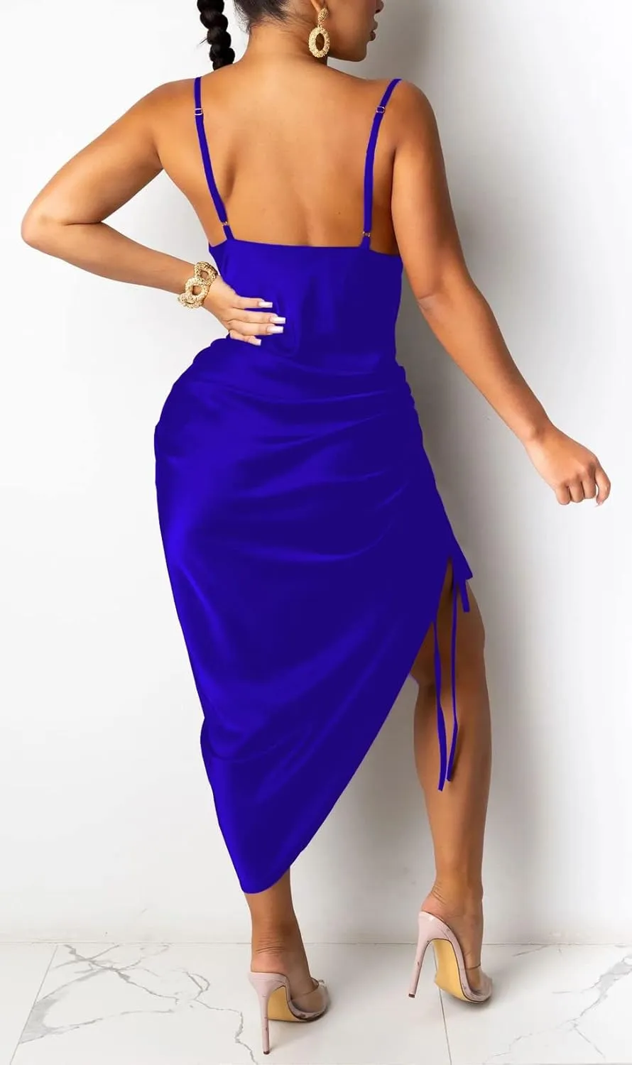 Club Dress Sexy Dress for Women Wedding Party Birthday Cocktail Spaghetti Strap Satin Side Ruched Midi Mini Dress
