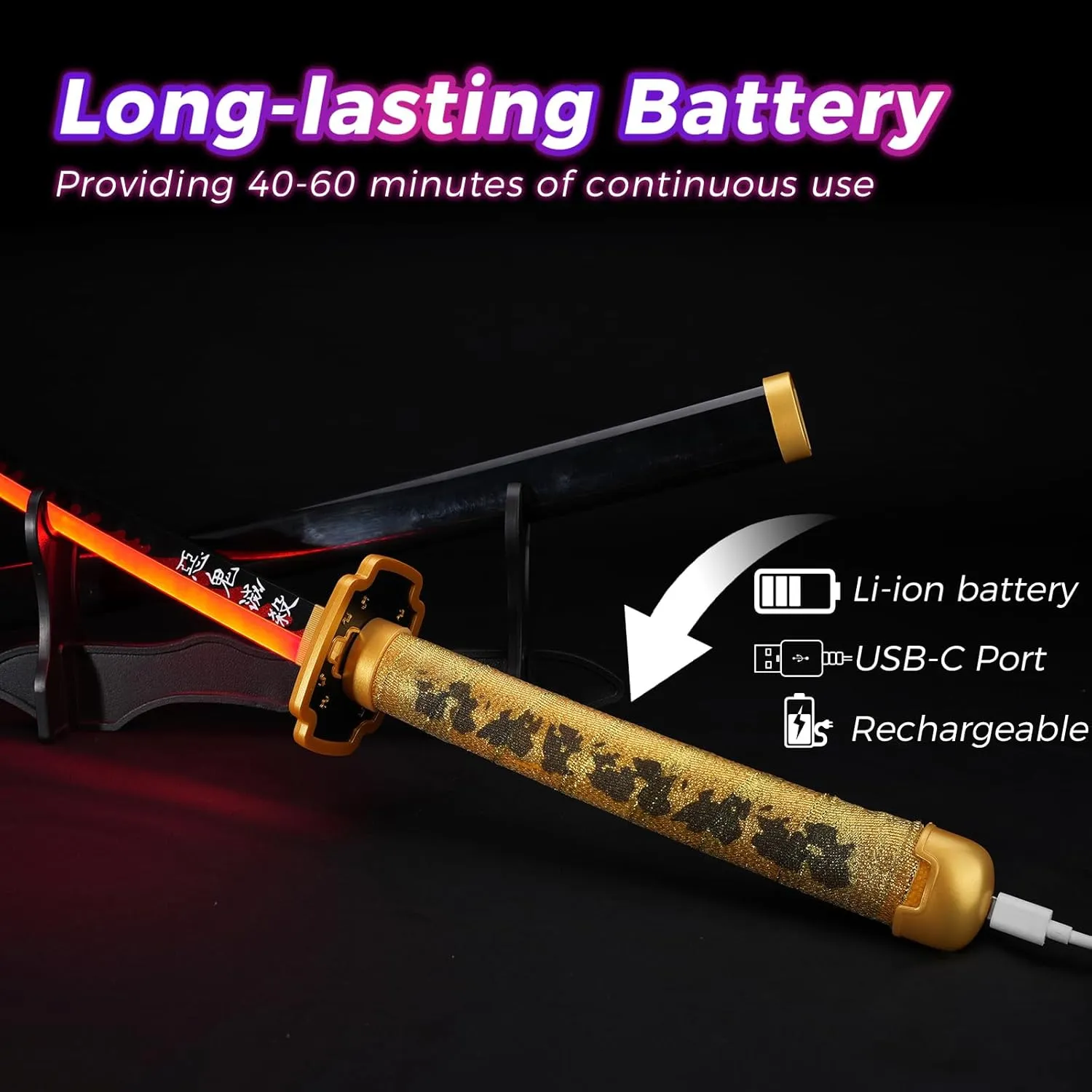 Cold Blade Light Up Sword Demon Sword - Rechargeable, 40 Inch Plastic Anime Replica Light Up Katana with Belt & Stand - Anime Sword with Authentic Design