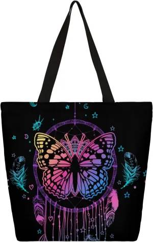 Colorful Butterfly Dreamcatcher Large Capacity Canvas Tote Bag Stylish Handheld Shoulder Bag Reusable Shopping Bag for Work Travel Beach Trips Shopping