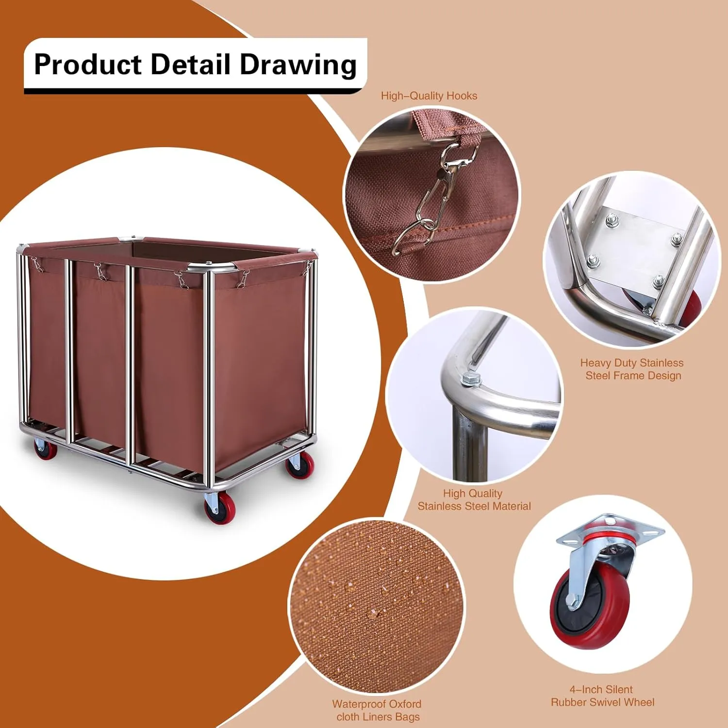 Commercial Laundry cart with Wheels,400L Large Laundry Basket with Wheels,Laundry Hamper on Wheels Heavy Duty with Steel Frame and Oxford Cloth, 440Lbs Load (Brown)
