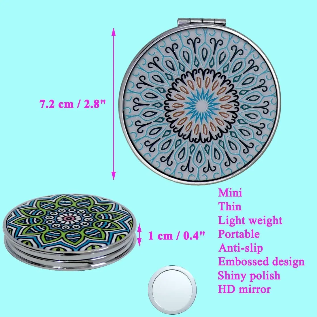 Compact Mirror with Mixed Embossed Mandala Designs, Handheld Magnified Travel Makeup Pocket Mirrors Small Folding Portable - Gift for Women Girls Lady Men - 6 Pack