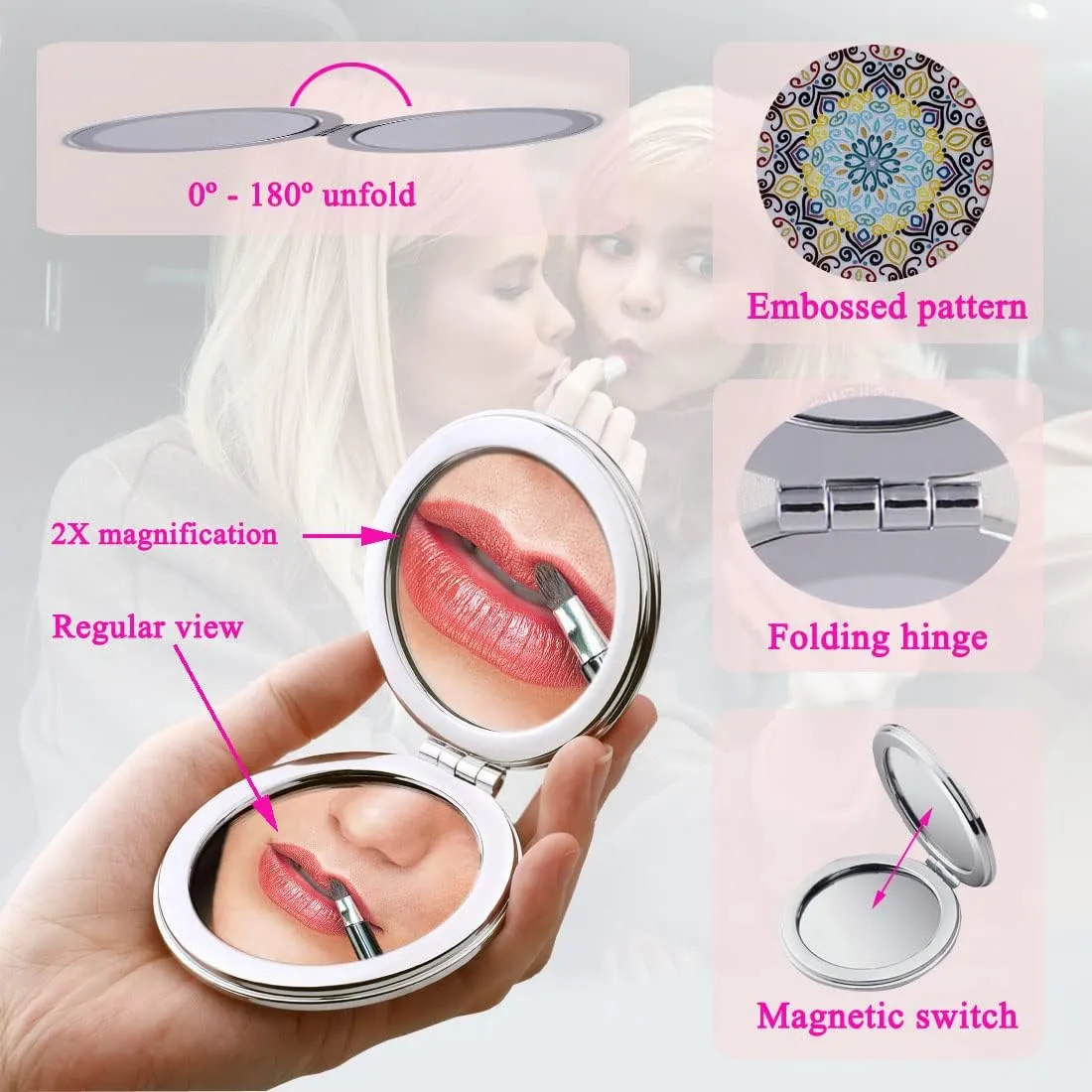 Compact Mirror with Mixed Embossed Mandala Designs, Handheld Magnified Travel Makeup Pocket Mirrors Small Folding Portable - Gift for Women Girls Lady Men - 6 Pack
