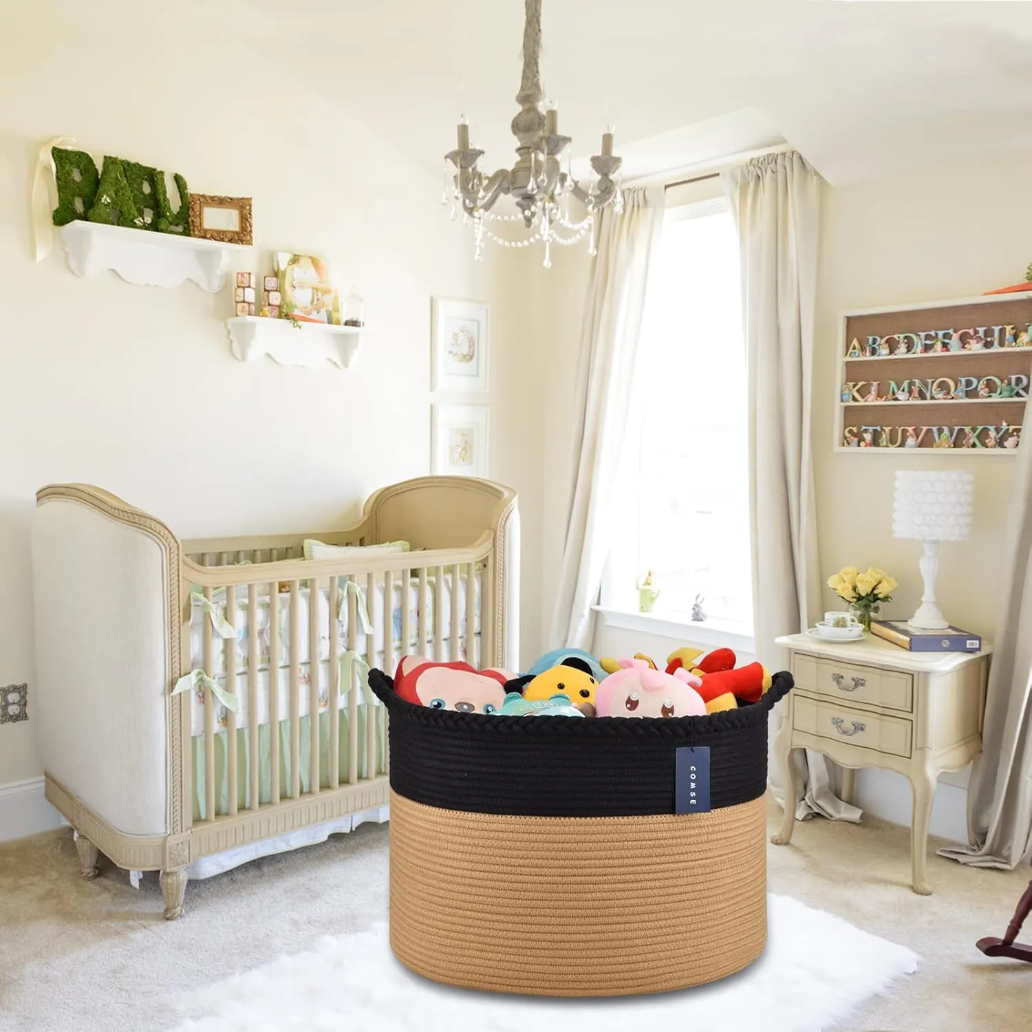 COMSE Extra Large Blanket Basket, Woven Laundry Basket, 21.7”x 13.8”, Nursery Hamper, Cotton Rope Laundry Hamper Living Room for Storage Toys Clothes Towels (Black & Camel)