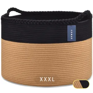 COMSE Extra Large Blanket Basket, Woven Laundry Basket, 21.7”x 13.8”, Nursery Hamper, Cotton Rope Laundry Hamper Living Room for Storage Toys Clothes Towels (Black & Camel)
