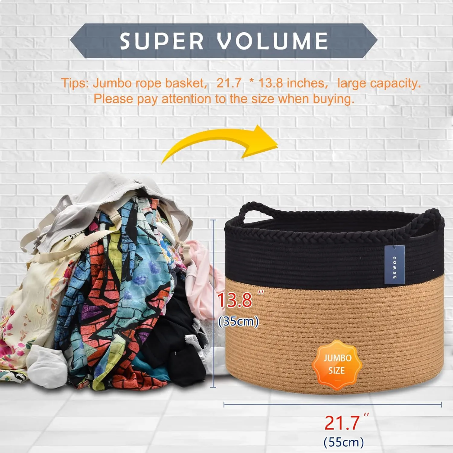 COMSE Extra Large Blanket Basket, Woven Laundry Basket, 21.7”x 13.8”, Nursery Hamper, Cotton Rope Laundry Hamper Living Room for Storage Toys Clothes Towels (Black & Camel)