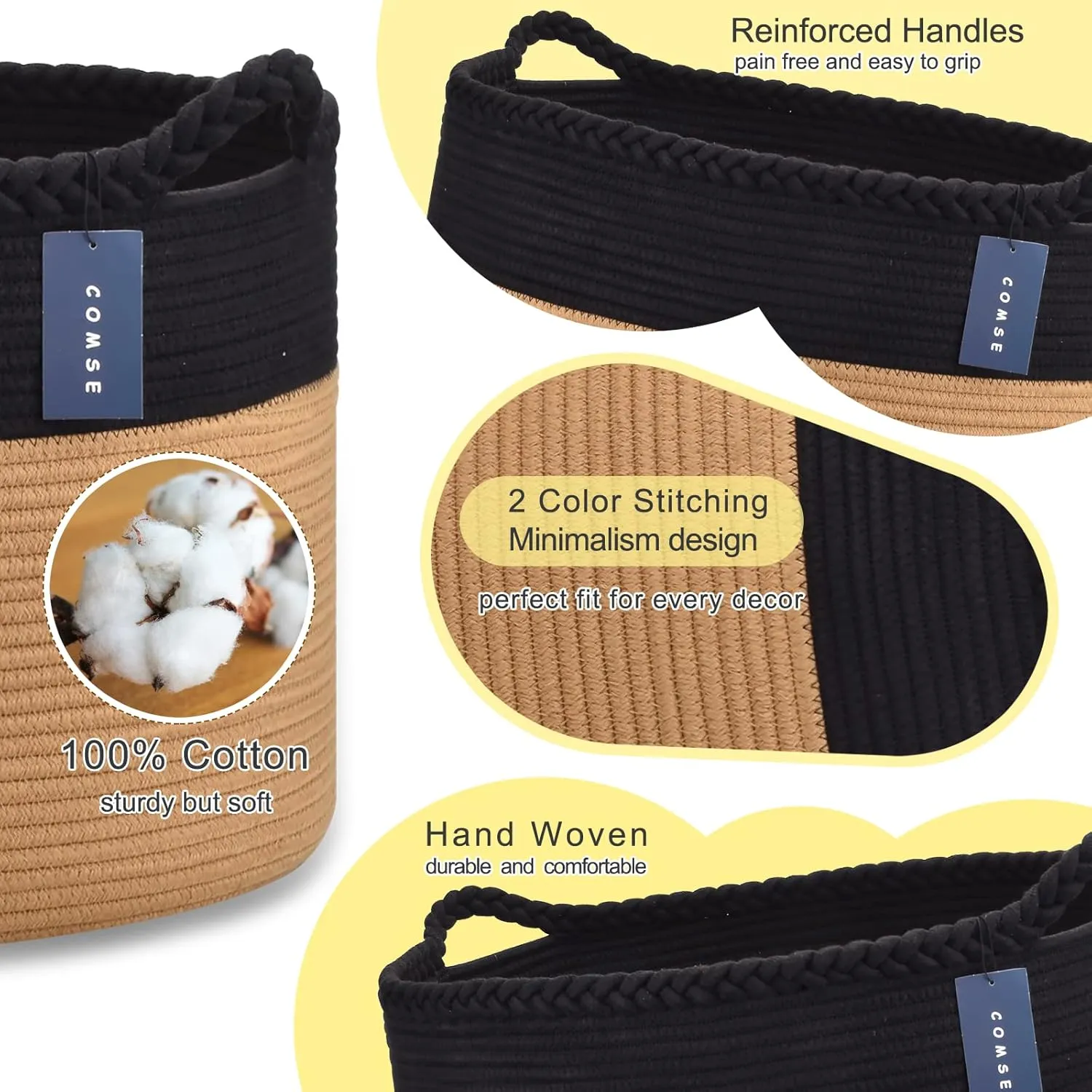 COMSE Extra Large Blanket Basket, Woven Laundry Basket, 21.7”x 13.8”, Nursery Hamper, Cotton Rope Laundry Hamper Living Room for Storage Toys Clothes Towels (Black & Camel)