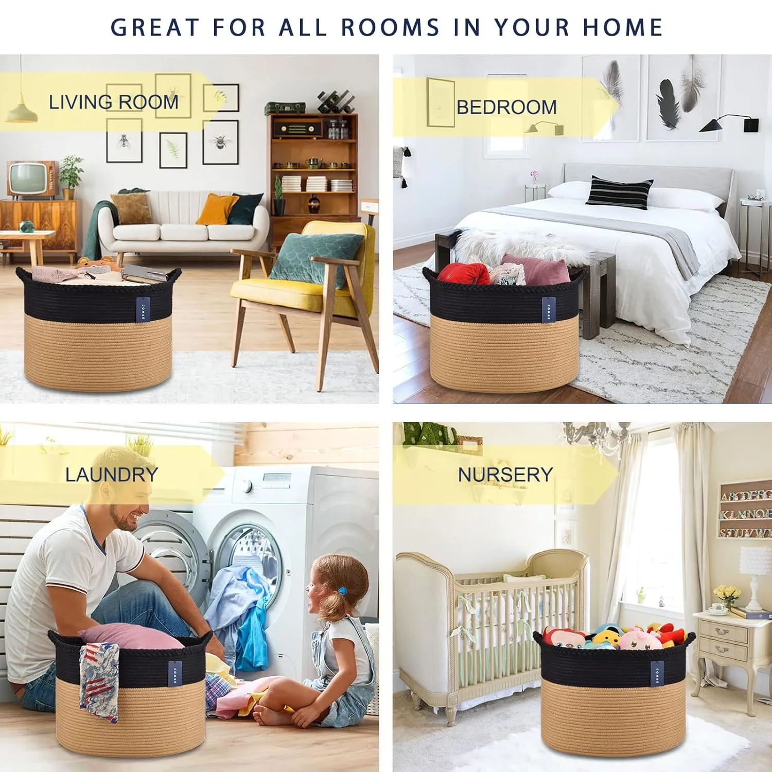 COMSE Extra Large Blanket Basket, Woven Laundry Basket, 21.7”x 13.8”, Nursery Hamper, Cotton Rope Laundry Hamper Living Room for Storage Toys Clothes Towels (Black & Camel)