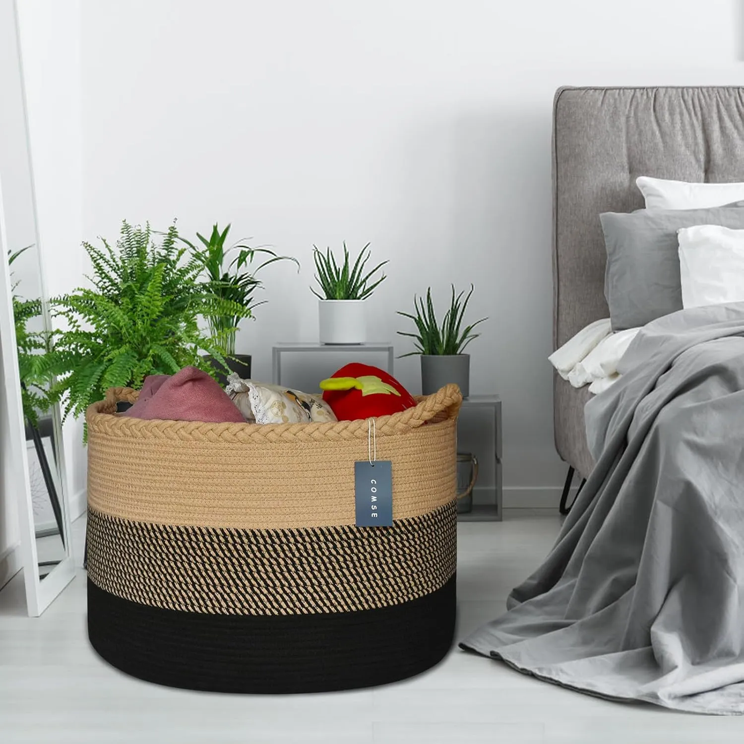 COMSE Extra Large Blanket Basket, Woven Laundry Basket, 21.7”x 13.8”, Nursery Hamper, Cotton Rope Laundry Hamper Living Room for Storage Toys Clothes Towels (Brown & Black)