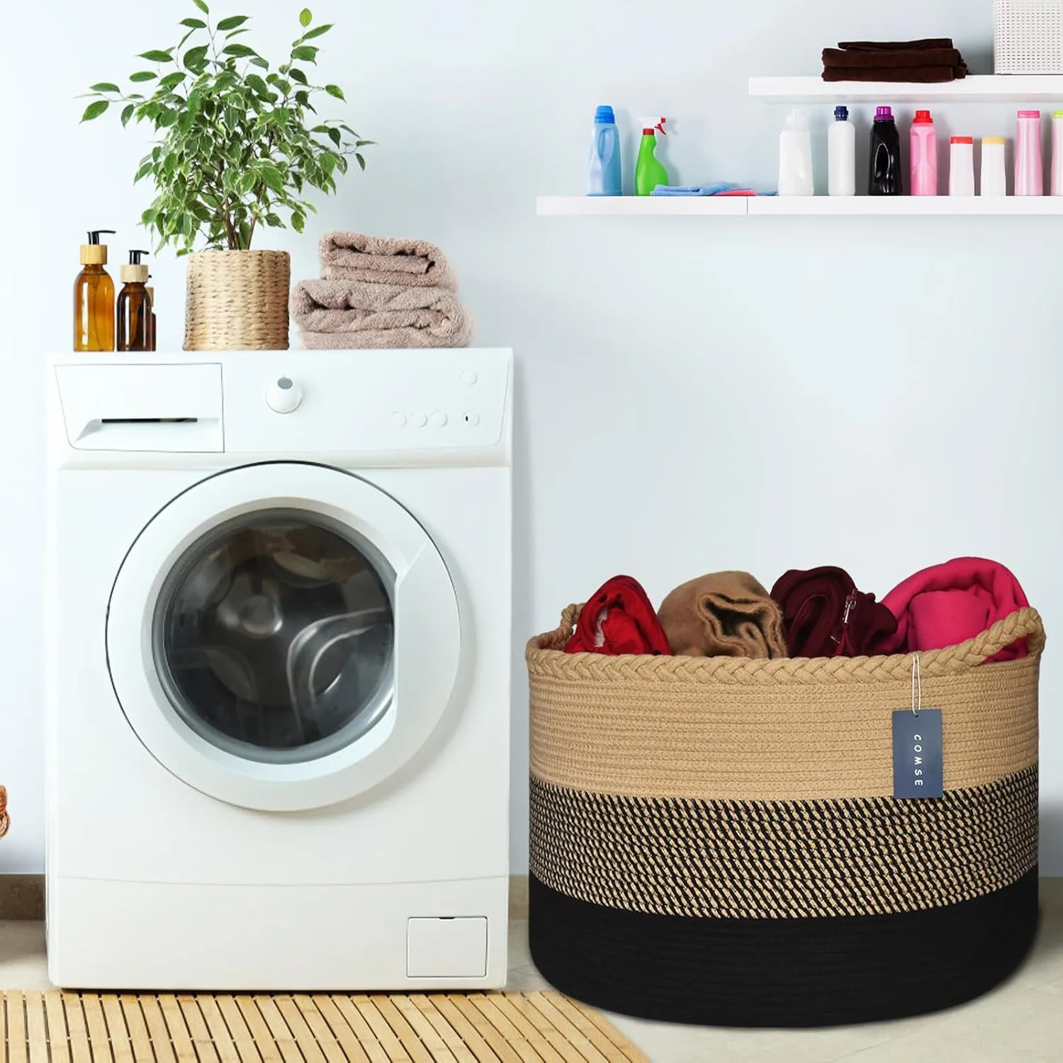 COMSE Extra Large Blanket Basket, Woven Laundry Basket, 21.7”x 13.8”, Nursery Hamper, Cotton Rope Laundry Hamper Living Room for Storage Toys Clothes Towels (Brown & Black)