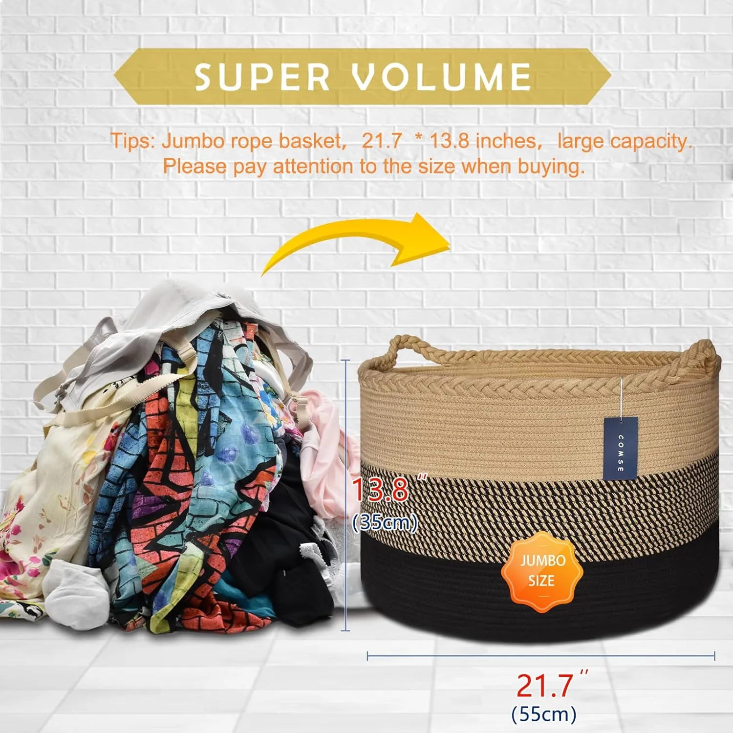 COMSE Extra Large Blanket Basket, Woven Laundry Basket, 21.7”x 13.8”, Nursery Hamper, Cotton Rope Laundry Hamper Living Room for Storage Toys Clothes Towels (Brown & Black)