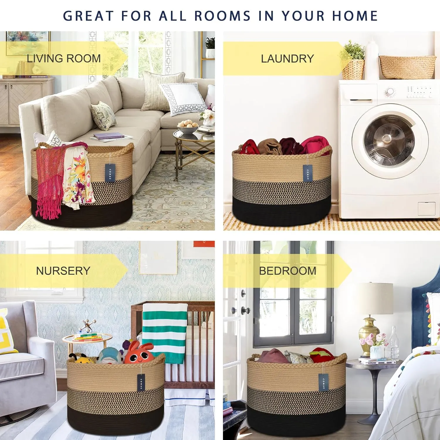 COMSE Extra Large Blanket Basket, Woven Laundry Basket, 21.7”x 13.8”, Nursery Hamper, Cotton Rope Laundry Hamper Living Room for Storage Toys Clothes Towels (Brown & Black)