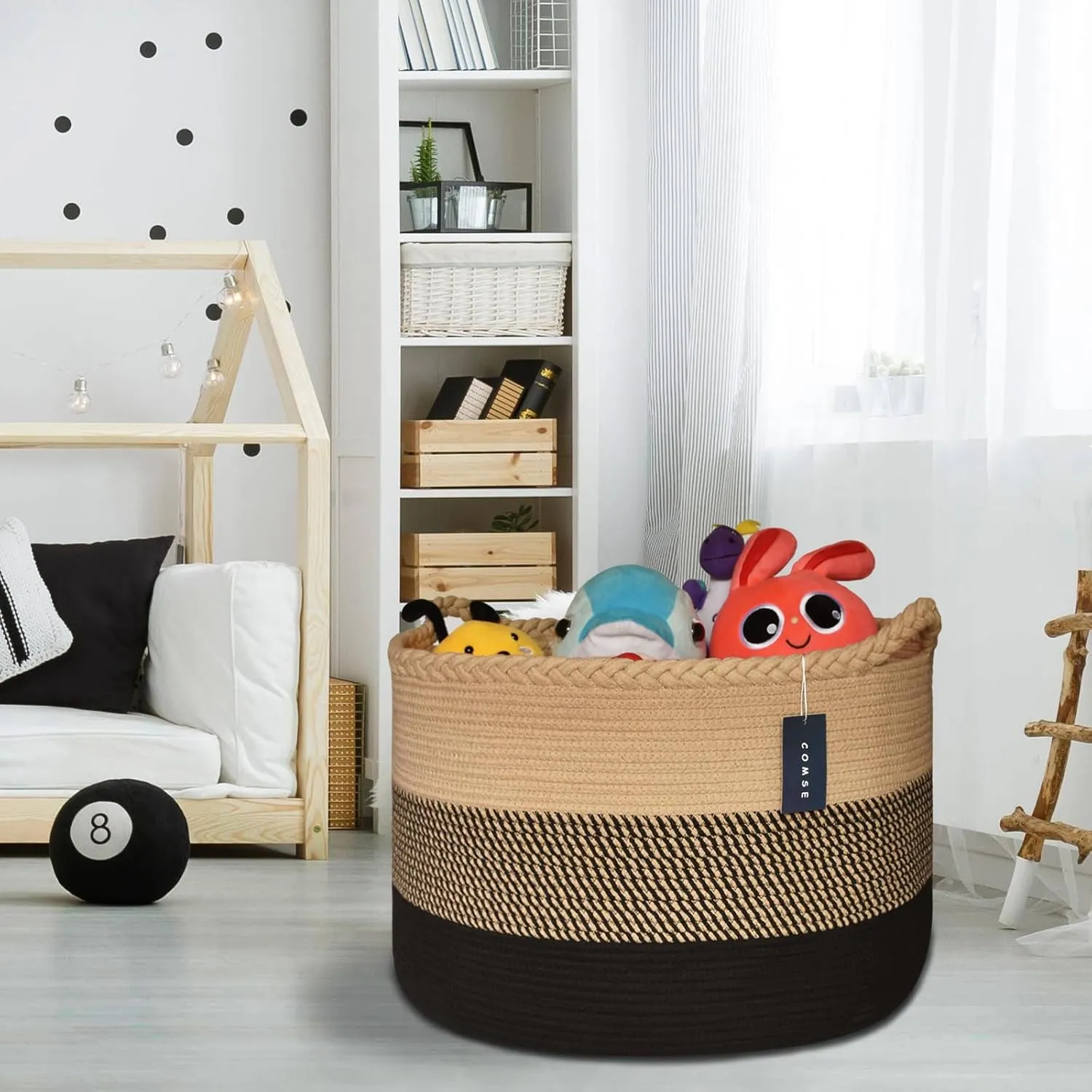 COMSE Extra Large Blanket Basket, Woven Laundry Basket, 21.7”x 13.8”, Nursery Hamper, Cotton Rope Laundry Hamper Living Room for Storage Toys Clothes Towels (Brown & Black)