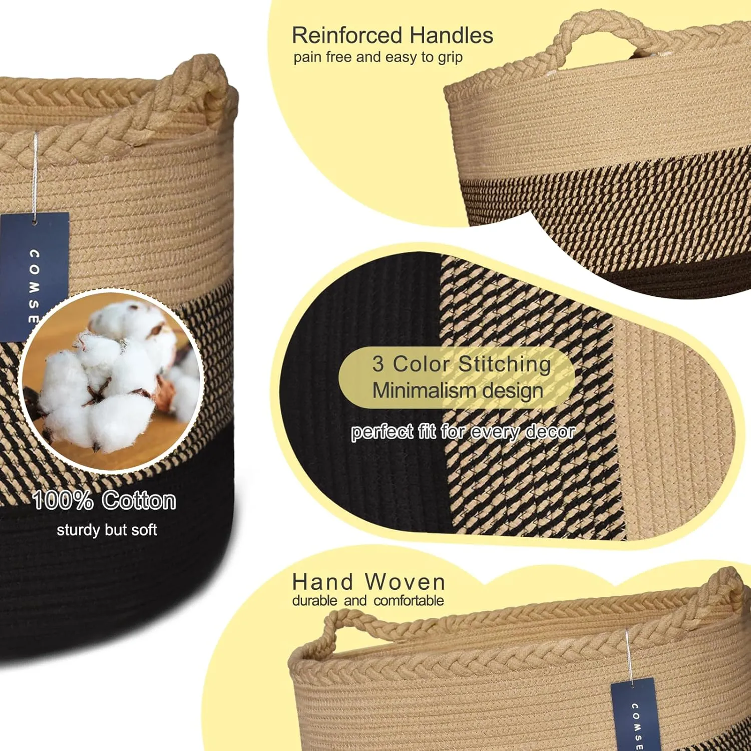 COMSE Extra Large Blanket Basket, Woven Laundry Basket, 21.7”x 13.8”, Nursery Hamper, Cotton Rope Laundry Hamper Living Room for Storage Toys Clothes Towels (Brown & Black)