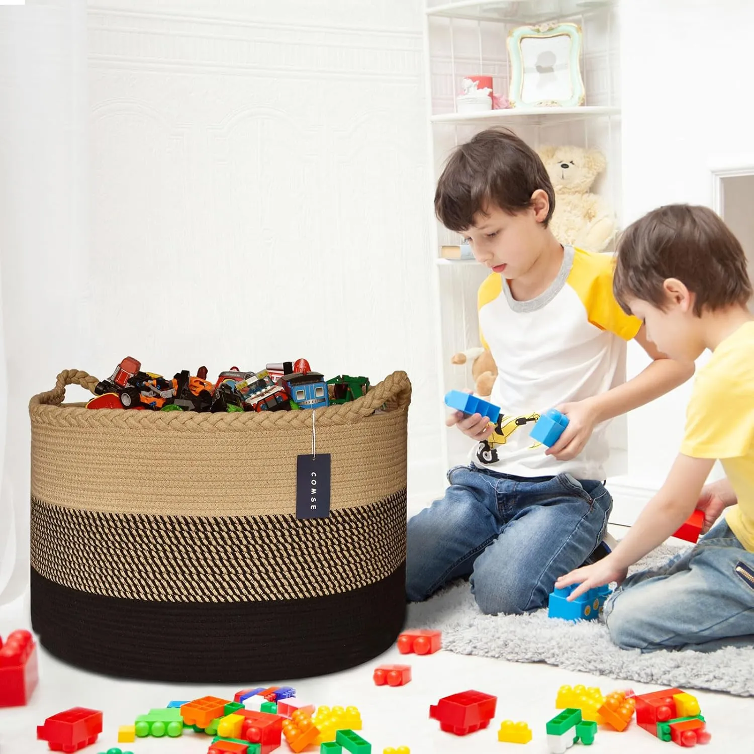 COMSE Extra Large Blanket Basket, Woven Laundry Basket, 21.7”x 13.8”, Nursery Hamper, Cotton Rope Laundry Hamper Living Room for Storage Toys Clothes Towels (Brown & Black)