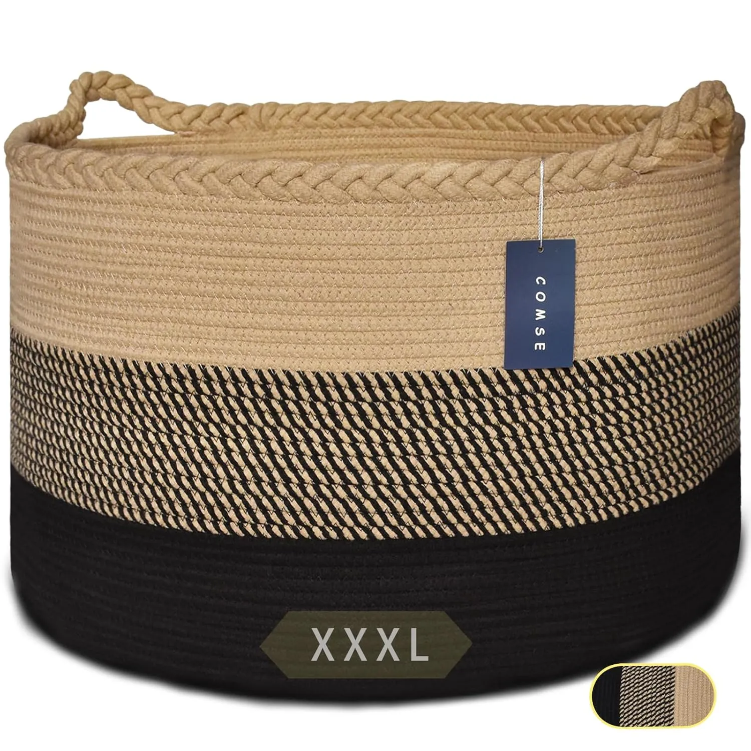 COMSE Extra Large Blanket Basket, Woven Laundry Basket, 21.7”x 13.8”, Nursery Hamper, Cotton Rope Laundry Hamper Living Room for Storage Toys Clothes Towels (Brown & Black)