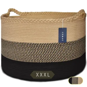 COMSE Extra Large Blanket Basket, Woven Laundry Basket, 21.7”x 13.8”, Nursery Hamper, Cotton Rope Laundry Hamper Living Room for Storage Toys Clothes Towels (Brown & Black)