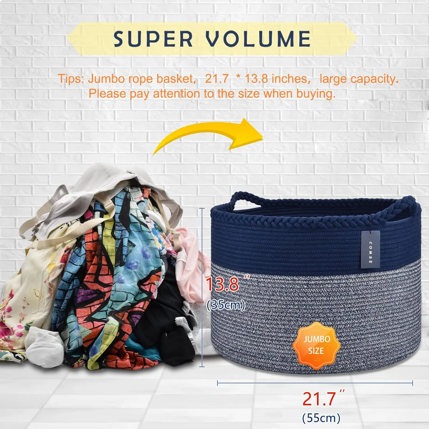 COMSE Extra Large Blanket Basket, Woven Laundry Basket, 21.7”x 13.8”, Nursery Hamper, Cotton Rope Laundry Hamper Living Room for Storage Toys Clothes Towels (Navy Blue)
