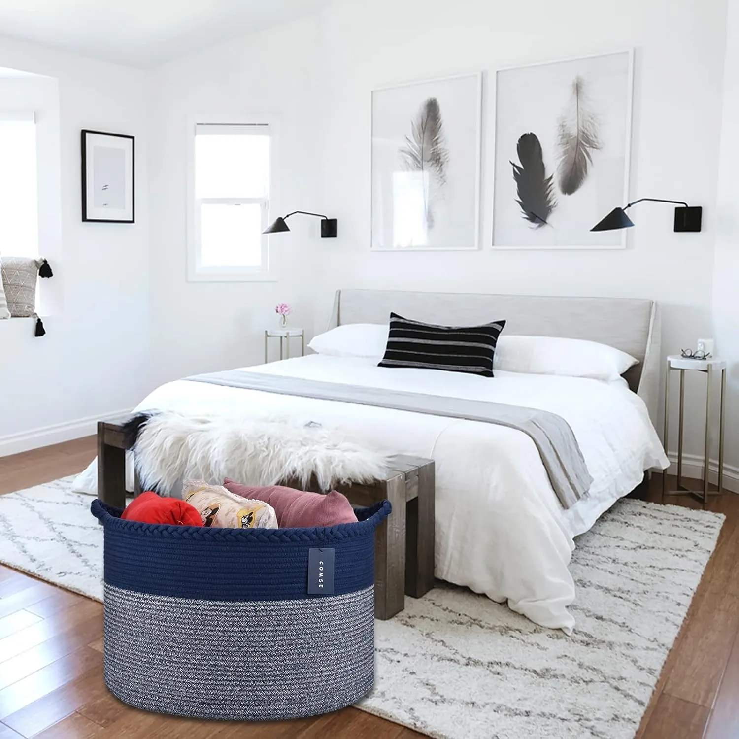 COMSE Extra Large Blanket Basket, Woven Laundry Basket, 21.7”x 13.8”, Nursery Hamper, Cotton Rope Laundry Hamper Living Room for Storage Toys Clothes Towels (Navy Blue)