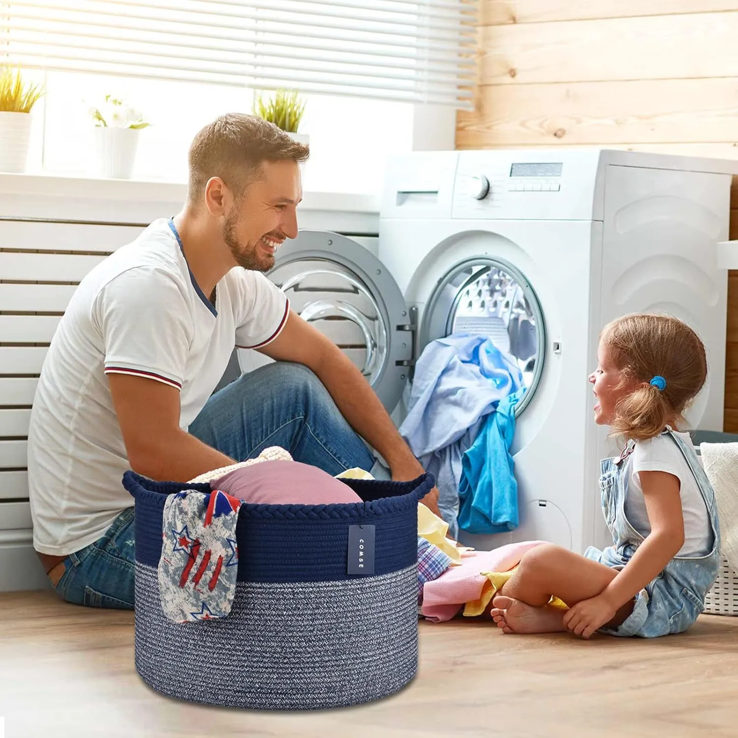 COMSE Extra Large Blanket Basket, Woven Laundry Basket, 21.7”x 13.8”, Nursery Hamper, Cotton Rope Laundry Hamper Living Room for Storage Toys Clothes Towels (Navy Blue)