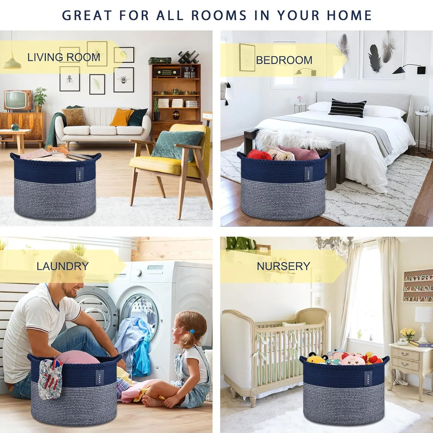COMSE Extra Large Blanket Basket, Woven Laundry Basket, 21.7”x 13.8”, Nursery Hamper, Cotton Rope Laundry Hamper Living Room for Storage Toys Clothes Towels (Navy Blue)