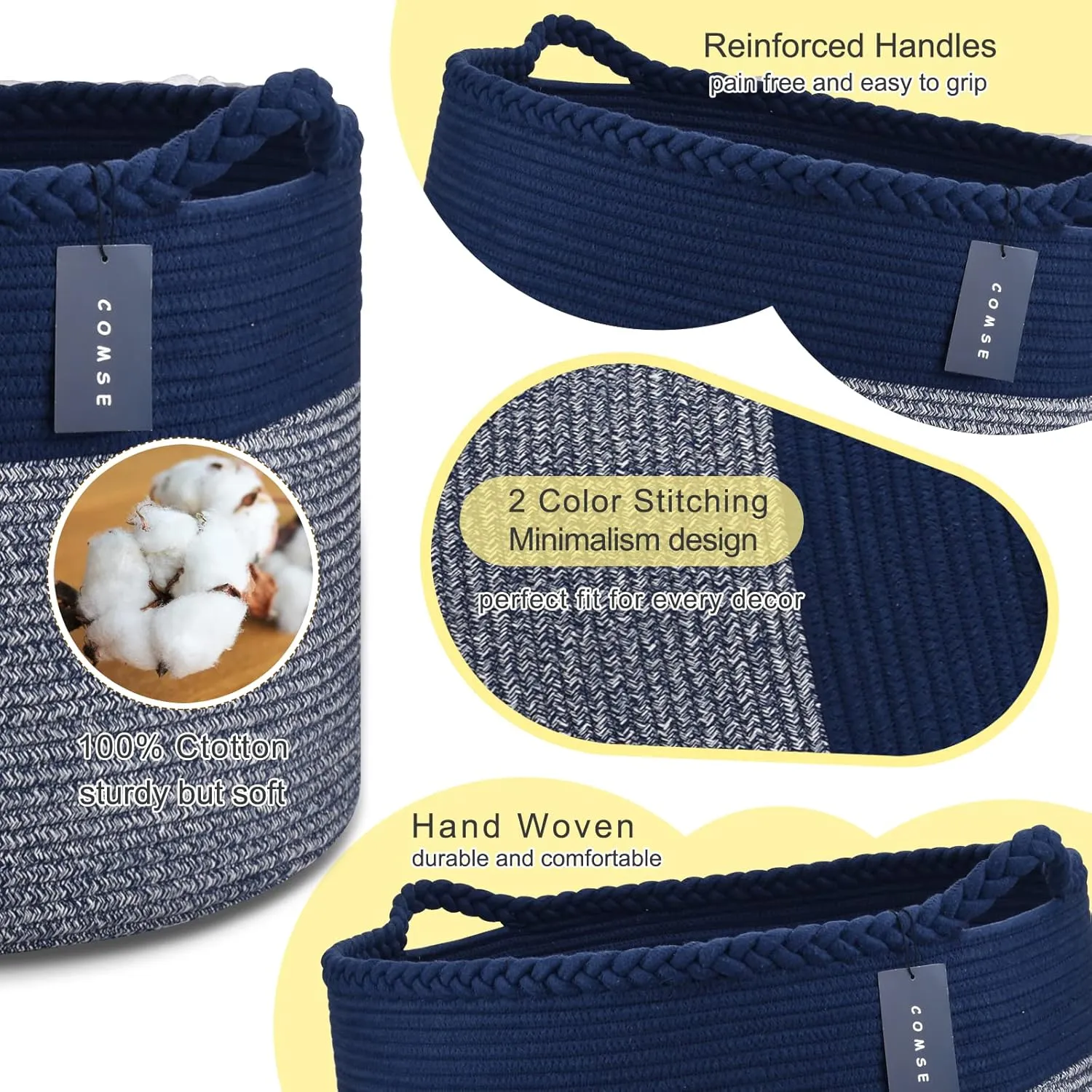 COMSE Extra Large Blanket Basket, Woven Laundry Basket, 21.7”x 13.8”, Nursery Hamper, Cotton Rope Laundry Hamper Living Room for Storage Toys Clothes Towels (Navy Blue)