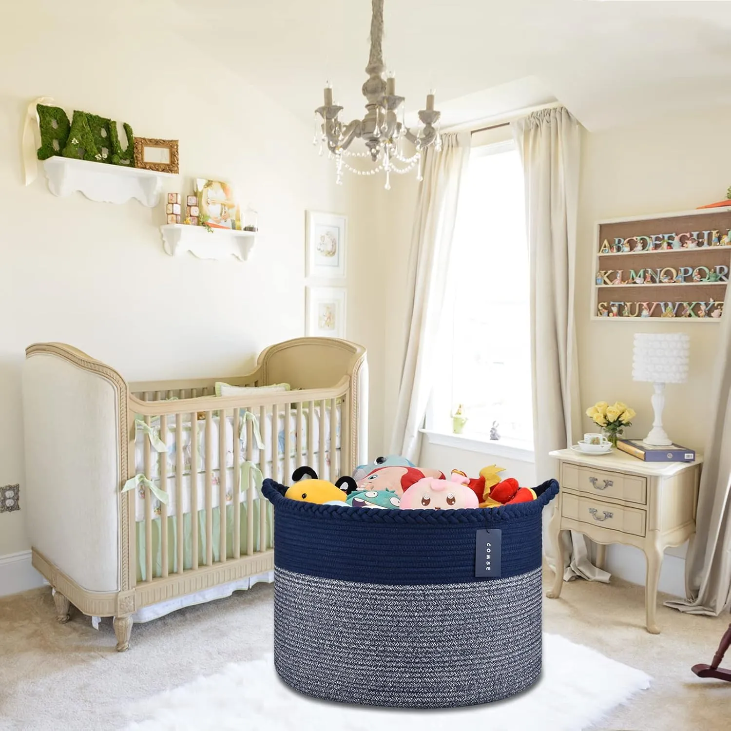 COMSE Extra Large Blanket Basket, Woven Laundry Basket, 21.7”x 13.8”, Nursery Hamper, Cotton Rope Laundry Hamper Living Room for Storage Toys Clothes Towels (Navy Blue)