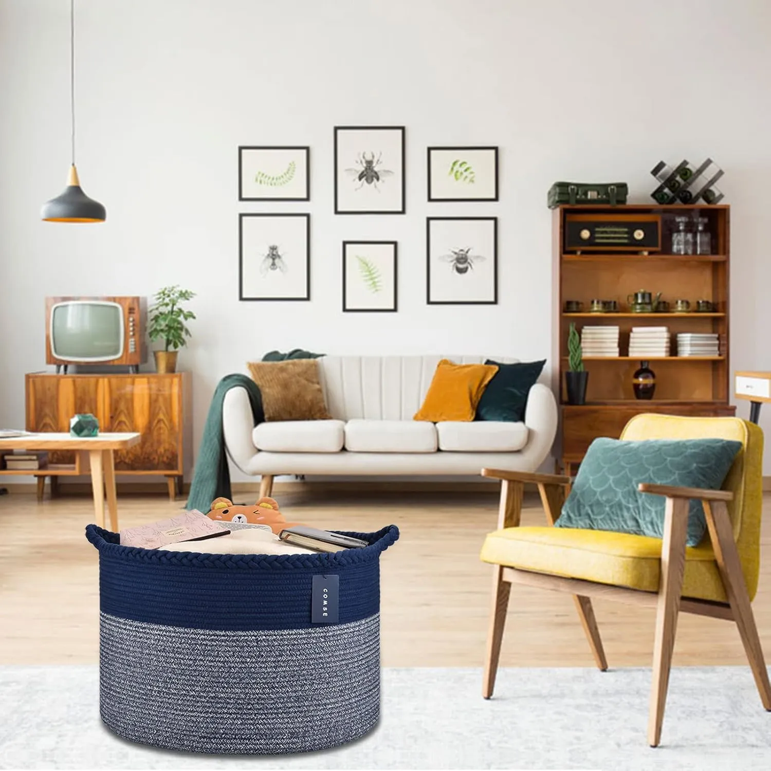 COMSE Extra Large Blanket Basket, Woven Laundry Basket, 21.7”x 13.8”, Nursery Hamper, Cotton Rope Laundry Hamper Living Room for Storage Toys Clothes Towels (Navy Blue)