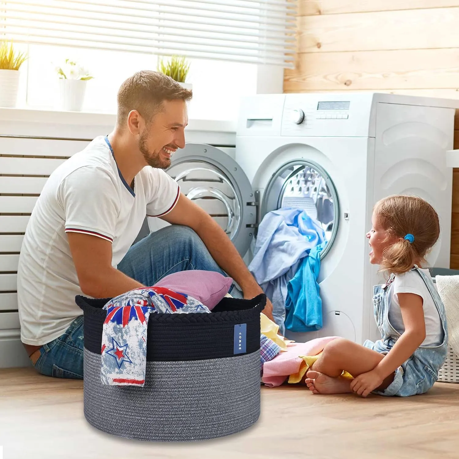 COMSE Extra Large Blanket Basket, Woven Laundry Basket, 21.7”x 13.8”, Nursery Hamper, Cotton Rope Laundry Hamper Living Room for Storage Toys Clothes Towels(Black & Gray)