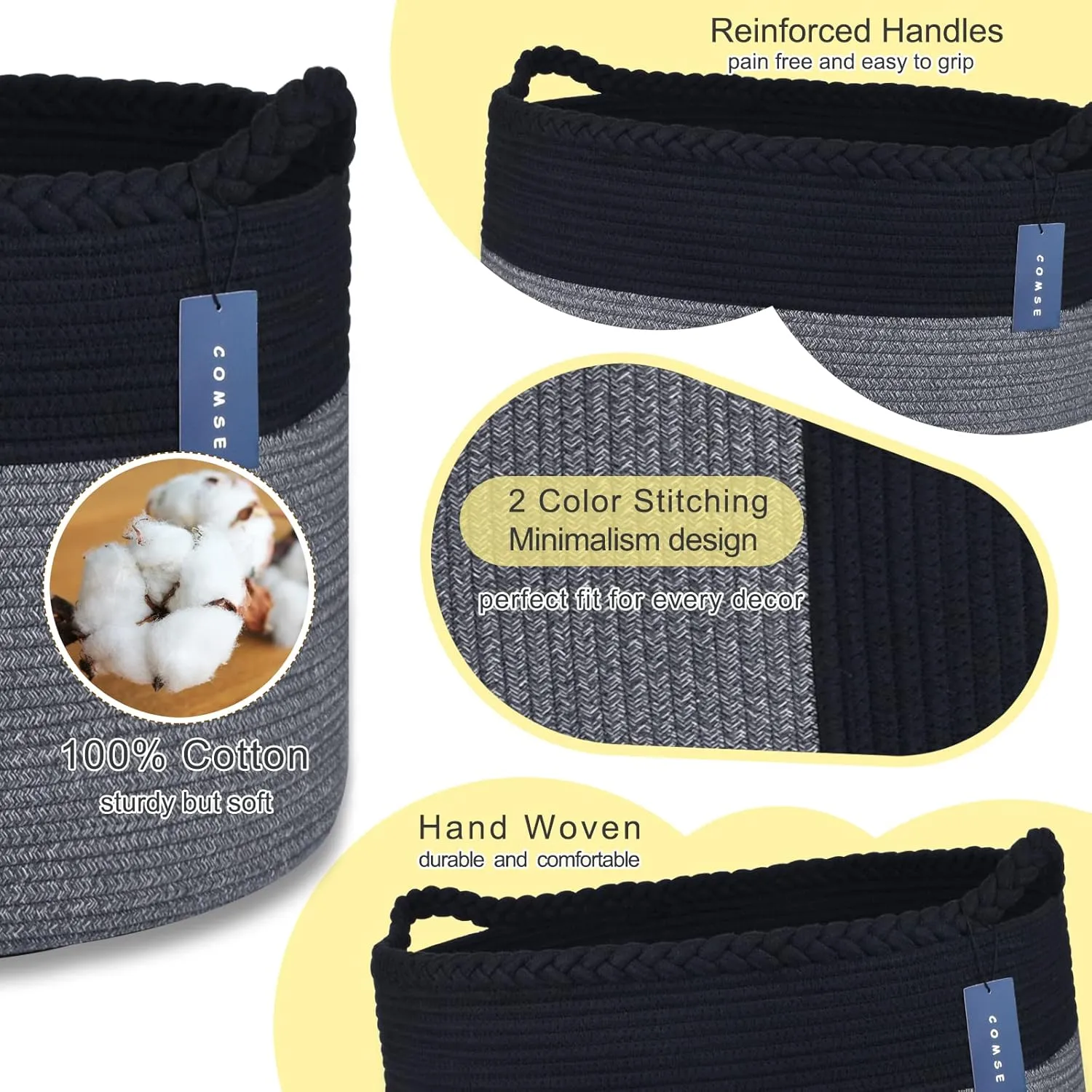 COMSE Extra Large Blanket Basket, Woven Laundry Basket, 21.7”x 13.8”, Nursery Hamper, Cotton Rope Laundry Hamper Living Room for Storage Toys Clothes Towels(Black & Gray)