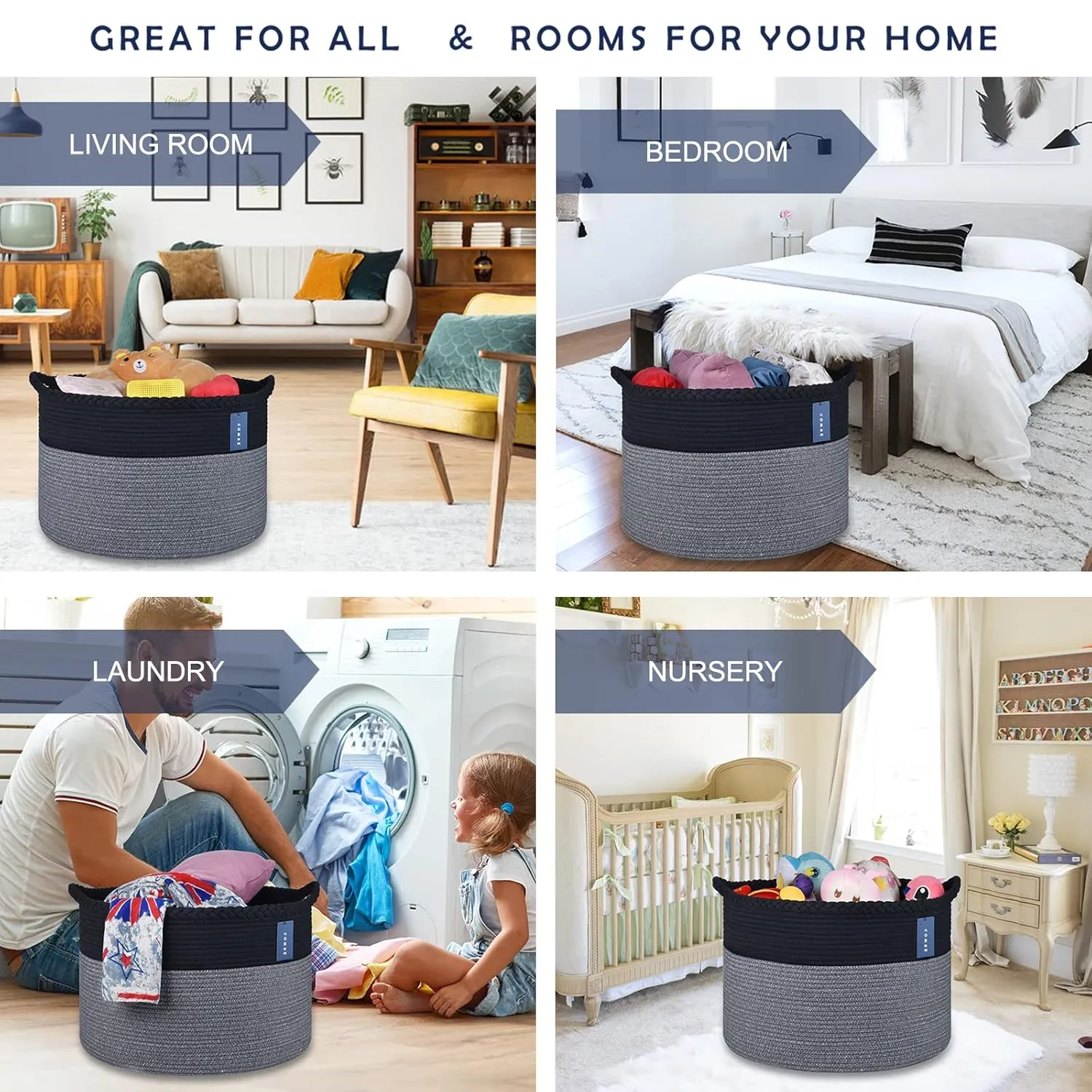 COMSE Extra Large Blanket Basket, Woven Laundry Basket, 21.7”x 13.8”, Nursery Hamper, Cotton Rope Laundry Hamper Living Room for Storage Toys Clothes Towels(Black & Gray)