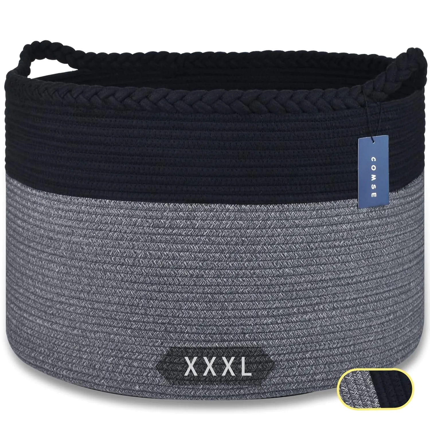 COMSE Extra Large Blanket Basket, Woven Laundry Basket, 21.7”x 13.8”, Nursery Hamper, Cotton Rope Laundry Hamper Living Room for Storage Toys Clothes Towels(Black & Gray)