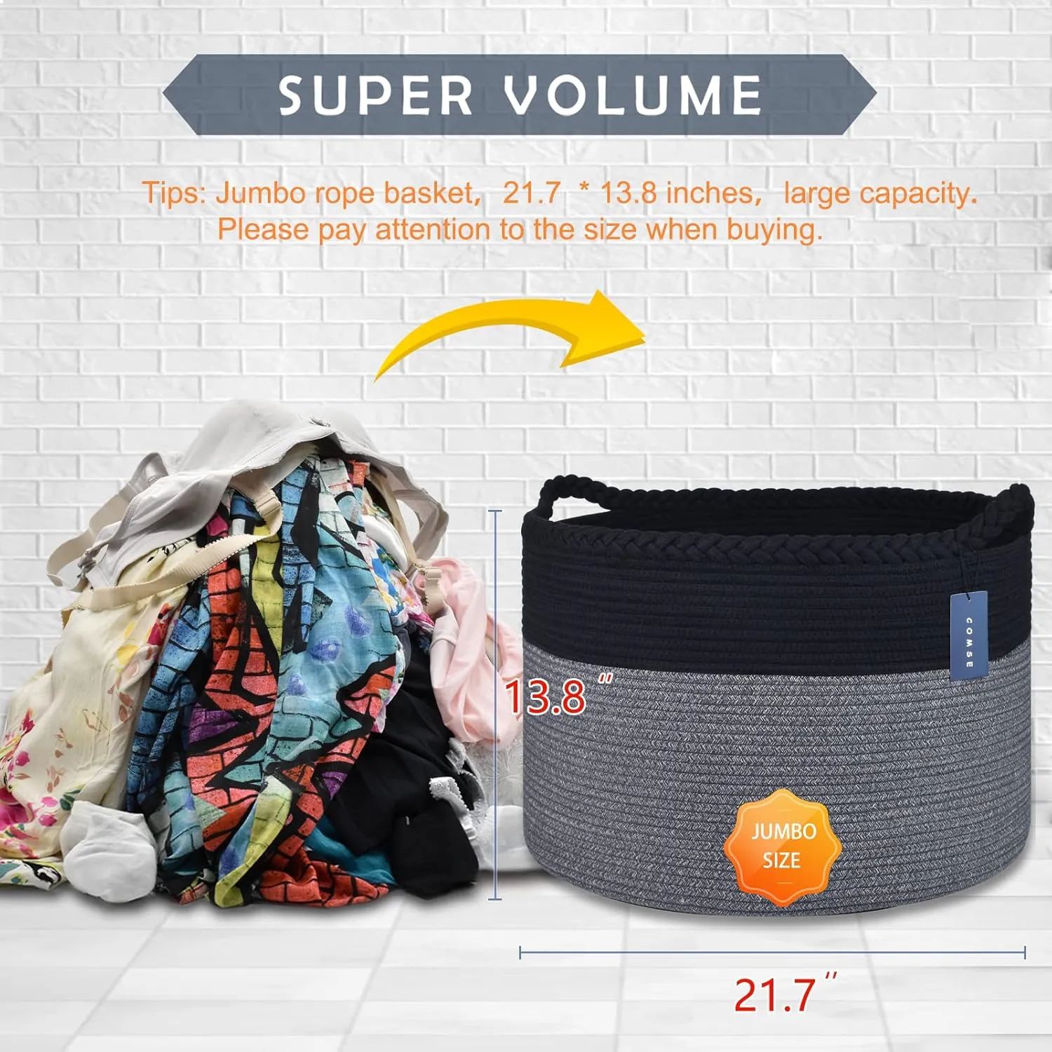 COMSE Extra Large Blanket Basket, Woven Laundry Basket, 21.7”x 13.8”, Nursery Hamper, Cotton Rope Laundry Hamper Living Room for Storage Toys Clothes Towels(Black & Gray)