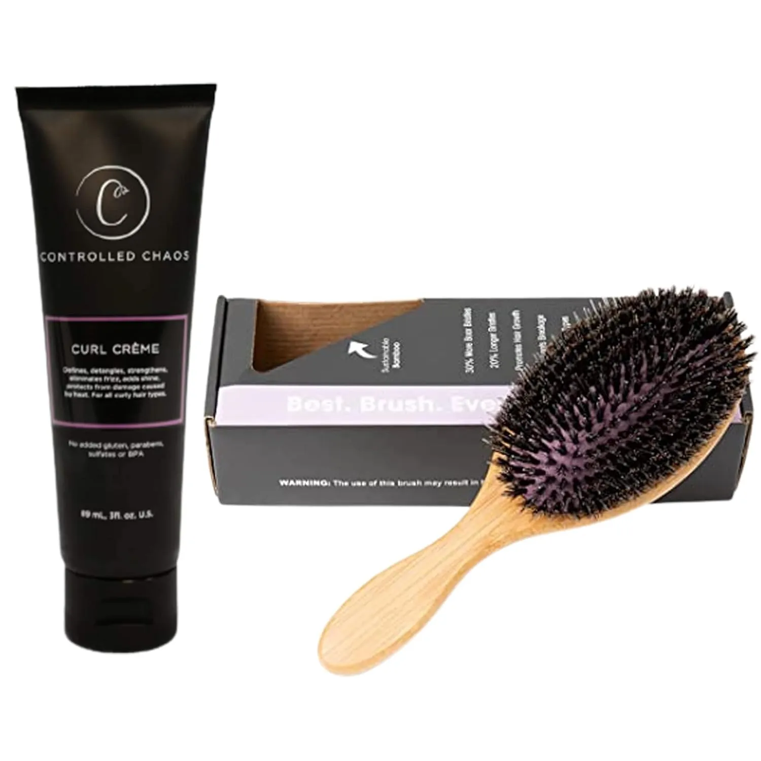 Controlled Chaos 3 oz Curl Defining Cream & Boar Bristle Hair Brush Bundle – Sulfate Free Curl Cream & Bamboo Hair Brush for All Curly Hair Types to Add Smoothness & Volume