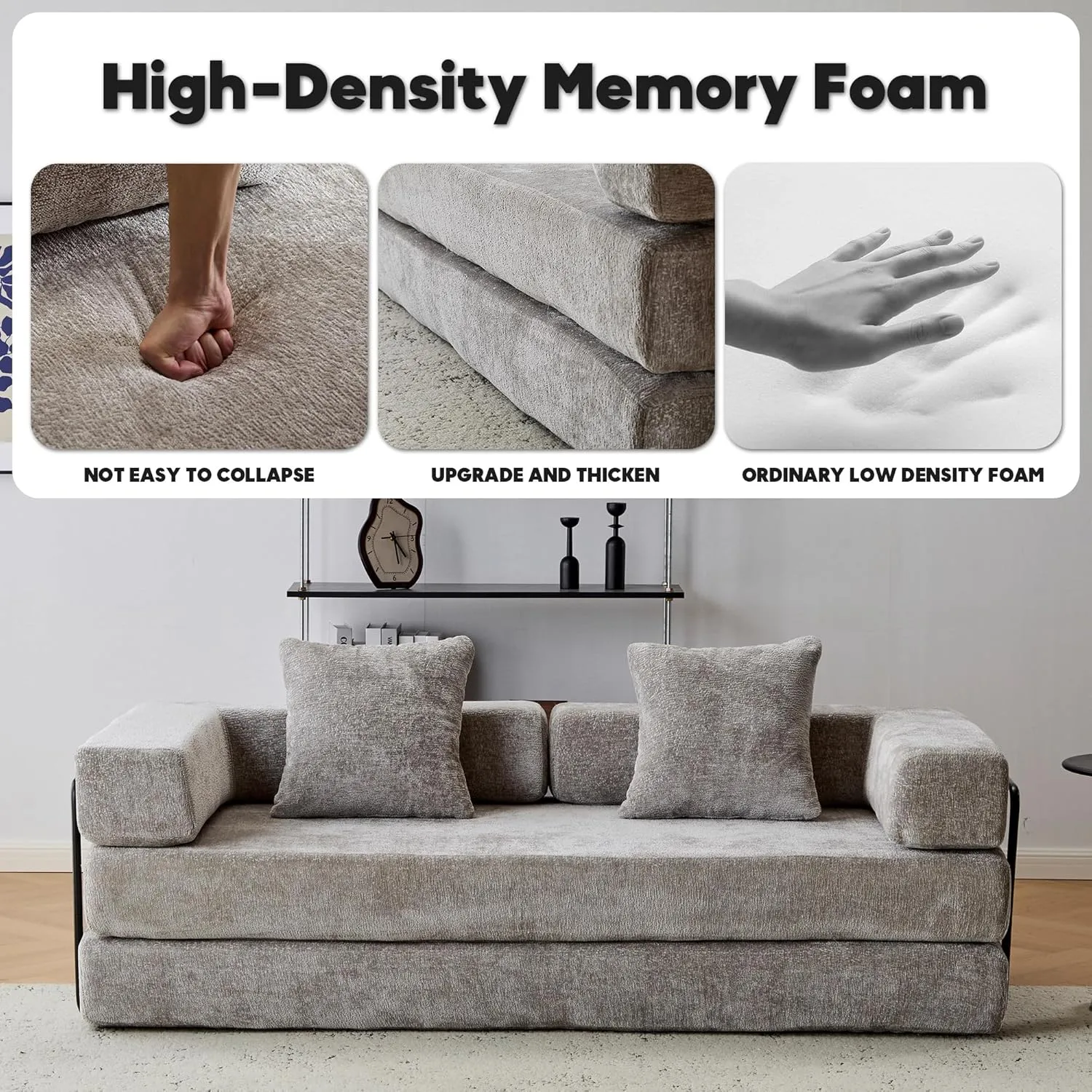 Convertible Floor Sofa Bed with Fixed-Shape Frame, Modular Chenille Folding Mattress Couch with Armrest, Floor Sofa Lounge Couch for Living Room Bedroom Lounge Studio,Light Grey