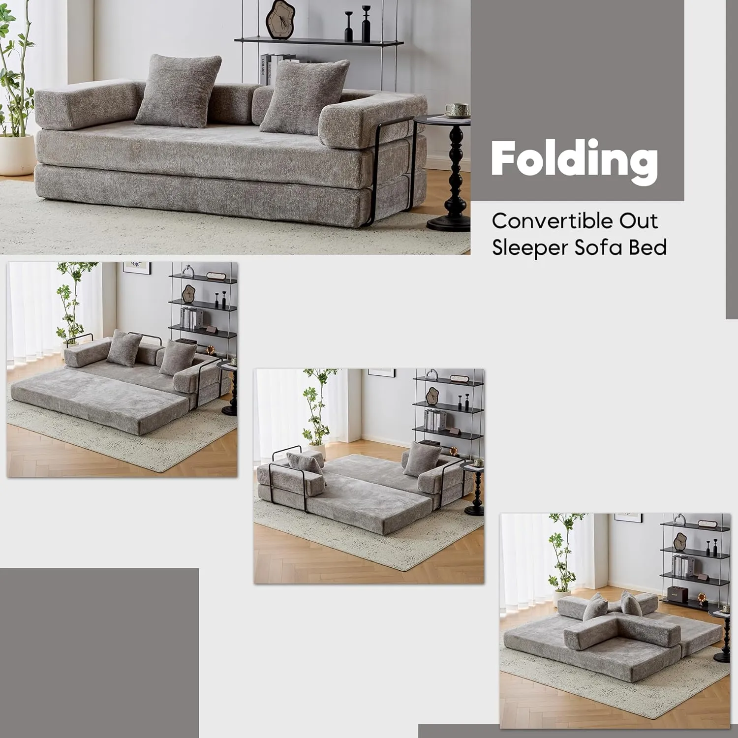 Convertible Floor Sofa Bed with Fixed-Shape Frame, Modular Chenille Folding Mattress Couch with Armrest, Floor Sofa Lounge Couch for Living Room Bedroom Lounge Studio,Light Grey